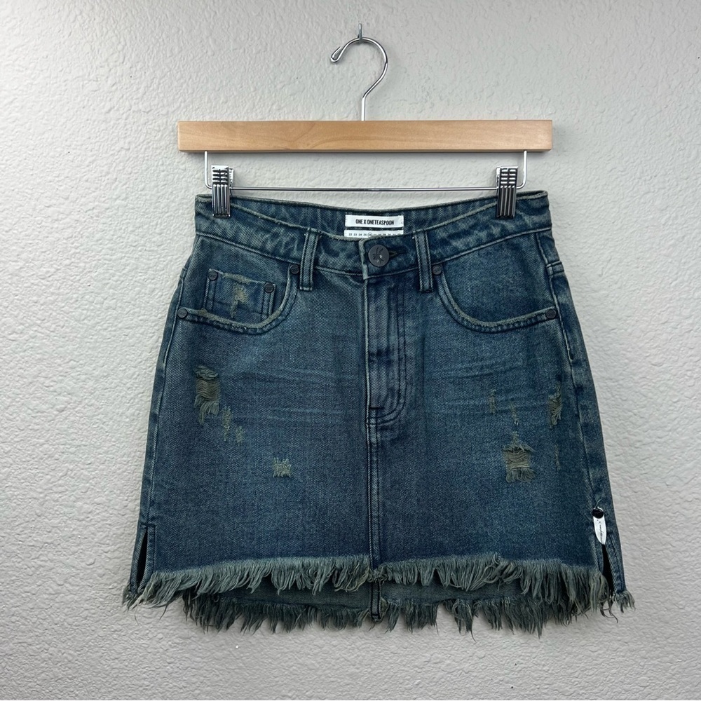 One x One Teaspoon Fox Black High Waist Denim Mini Skirt in Dark Wash Blue Sz 26